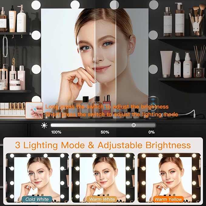 Quimoo Large Vanity Desk with LED Lighted Mirror & Power Outlet,Makeup Vanity Table with 7 Drawers,4 Shelves and 5 Hooks,Vanity Table, Vanity Desk Set for Bedroom,Bathroom，Black