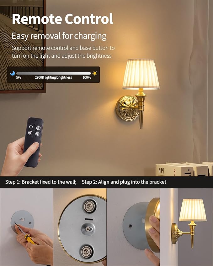 KDG Cordless Wall Sconces Set of 2, Small Wireless 5200mAh Rechargeable Battery Fabric LED Wall Lamps, Portables Lightings for Wall Painting, Living Room, Bedroom, Hallway, Gifts, Night Light (Gold)
