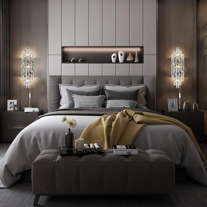 Modern Plug in Wall Sconce Crystal Wall Sconces Indoor Wall Lamp for Bedroom Chrome Light Fixture with Plug in Switch Vanity Wall Mount Lamps for Living Room Bedroom Bathroom Bedside Hallway