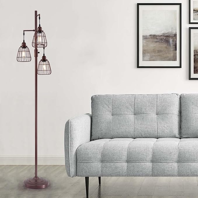 9MMML Dimmable Floor Lamp,Industrial Farmhouse Tall Standing Floor Lamp for Living Room, Bedroom Office,3 Teardrop Cage Lampshade,3 LED Bulbs Inculded. 68'' Tall