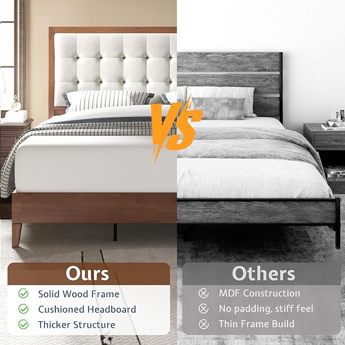 Jocisland Wood Queen Size Bed Frame,Tall Upholstered Tufted Headboard, Solid Wood Platform, No Box Spring Needed, Walnut