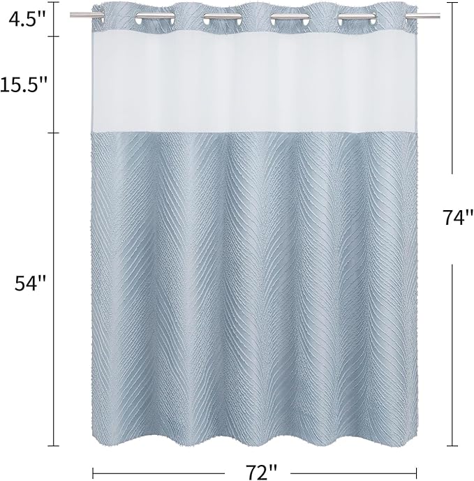 No Hook Boho Blue Shower Curtain and Liner Set, Modern Baby Blue Shower Curtain with Snap in Liner, Hotel Style with See Through Top Window Shower Curtains for Luxury Bathroom Decor, 72x74