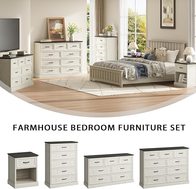 Farmhouse 9 Drawer Dresser for Bedroom, 55 Inch Wide Modern White Dresser TV Stand with Large Drawers & Bar Handles, Rustic Wood Chest of Drawers for Bedroom, Living Room, Hallway, Entryway.