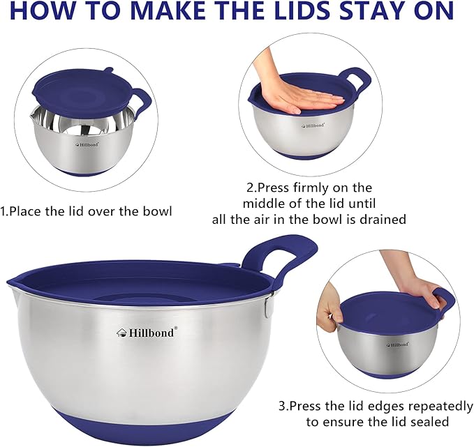 Hillbond Mixing Bowls with BPA Free Airtight Lids Stainless Steel Nesting Bowls with Pour Spout, Silicone Handle Non-Slip Bottoms for Baking, Dishwasher Safe Metal Bowls, 1.5, 3, 5 QT (Blue)
