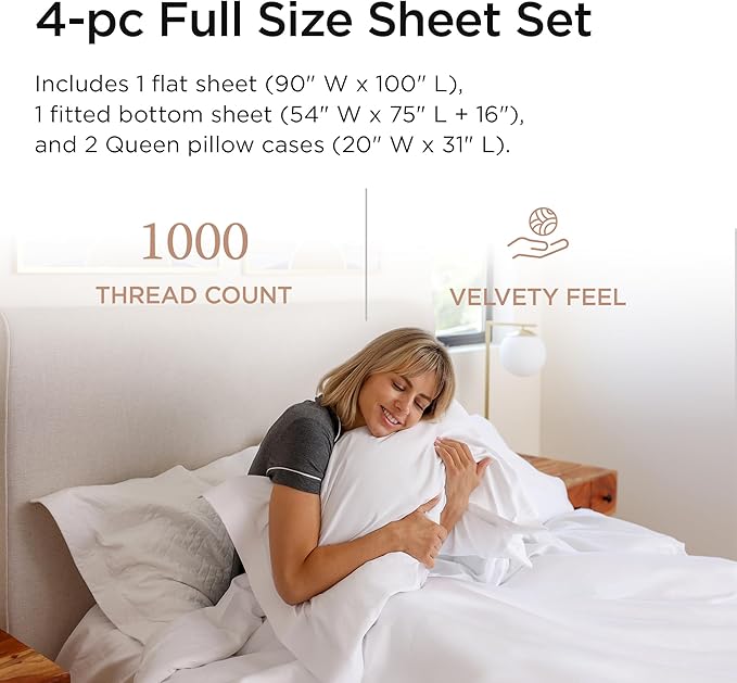 Threadmill Luxury Supima Cotton Sheets, Luxury 1000 Thread Count 100% Soft 100% Soft Cotton Sheets for Full Size Bed, 4 Pc White Bed Sheets Full Set, 5-Star Hotel Quality Deep Pocket Bed Sheets Set