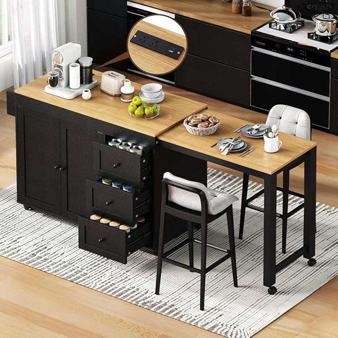 74.8" Rolling Kitchen Island with Extendable Dining Table, Kitchen Storage Cart with 3 Drawers and Power Outlet, Mobile Island Table with Spice Rack and Double-Door Cabinet (Black)