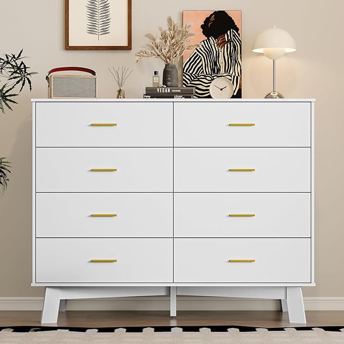Dresser for Bedroom with 8-Drawer, 37" Tall Modern Chest of Drawers with Metal Handles, X-Shape Base & Adjustable Center Leg, Anti-Tip Closet Organizers and Storage
