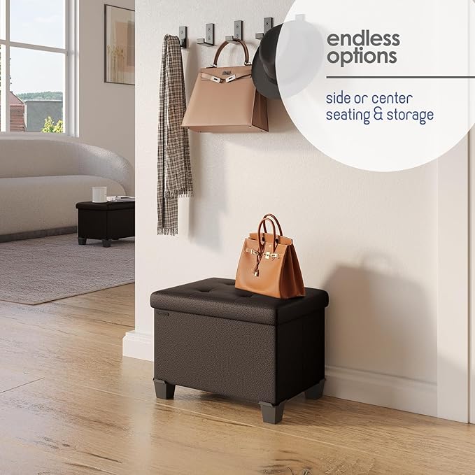 STORAGEBUD Storage Ottoman Cube with Small Bin, 16-in Square Ottoman with Storage for Living Room and Bedroom, Small Ottomans Foot Rest, Faux Leather Foot Stools Ottomans Max 330lbs, Brown