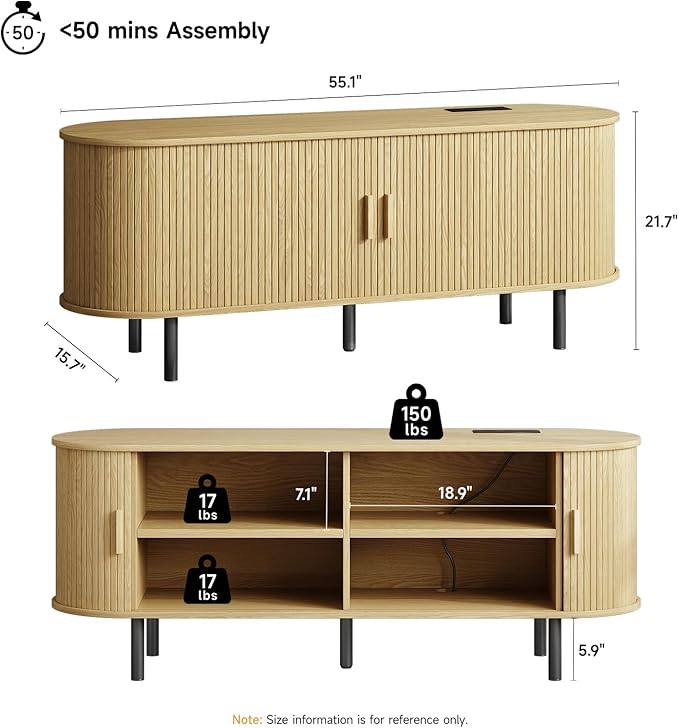 55" TV Stand with Power Outlet for TVs up to 60 Inch, Entertainment Center with Storage and Adjustable Shelves, Modern Media Console with Sliding Doors for Living Room, Oak