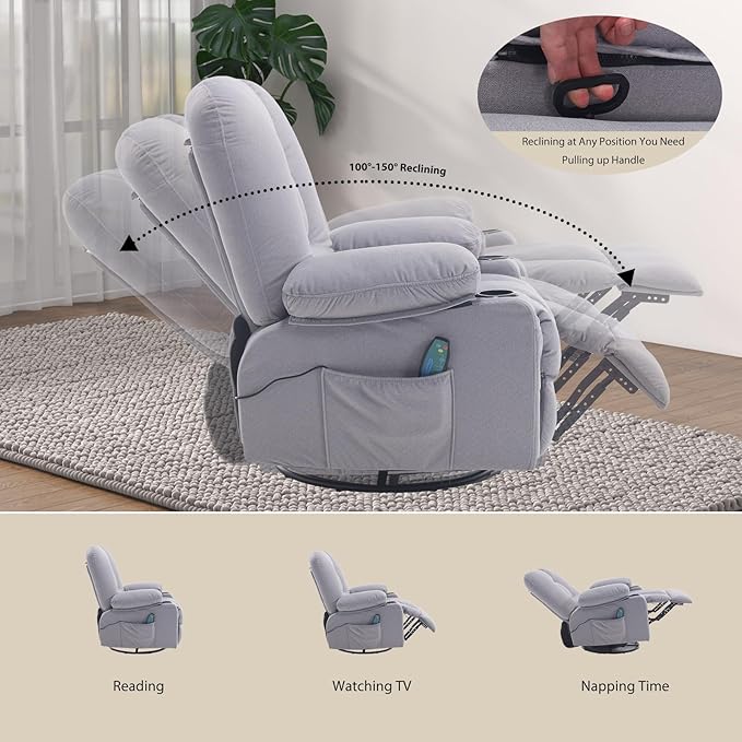 Massage Recliner Chair with Heat for Adults,Overstuffed Rocker Recliners Swivel Glider with Cup Holder Side Pocket, Manual Reclining Fabric Sofa Chair for Living Room