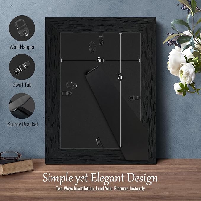 VCK 5x7 Picture Frame, Black Wooden Photo Frames for Wall Hanging Gallery or Tabletop Display, 2 Pack