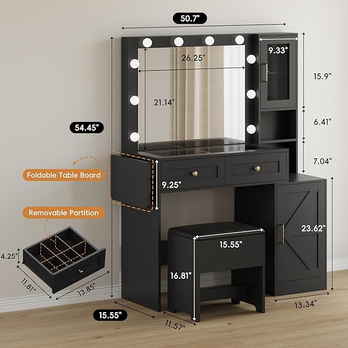 Makeup Vanity Desk with Mirror and Lights, Black Vanity Table with LED Lighted Mirror & Power Outlet, Dressing Table with Chair, Large Storage Drawer & Cabinet, and Foldable Panel for Girls’ Bedroom
