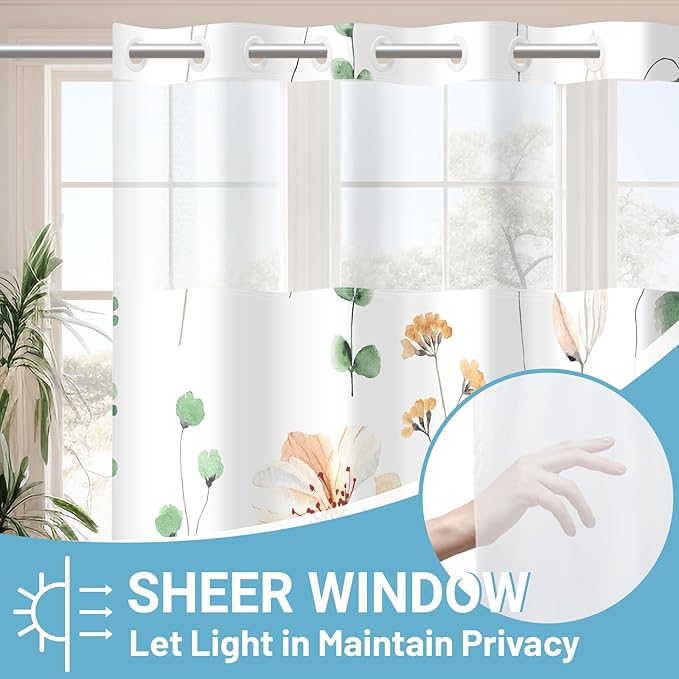 No Hook Shower Curtain with Snap in Liner - Floral Shower Curtain - Fabric Waterproof Inner Liner, Plants Watercolor Sage Green Modern Cloth Shower Curtains - Machine Washable, 71 x 80