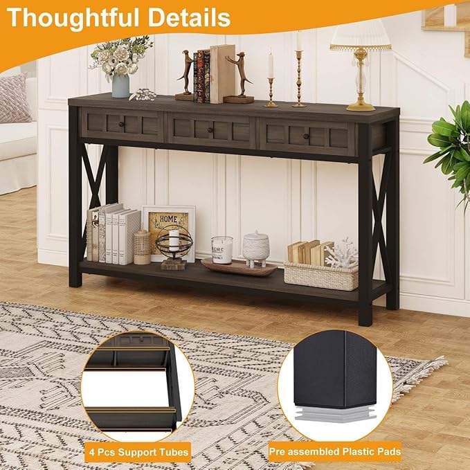 FATORRI Console Sofa Table for Entryway, Entry Way Table with Storage and 3 Drawers for Living Room, Farmhouse Foyer Tables for Hallway, Front Door, Living Room (54.72 Inch Long, Walnut Brown)
