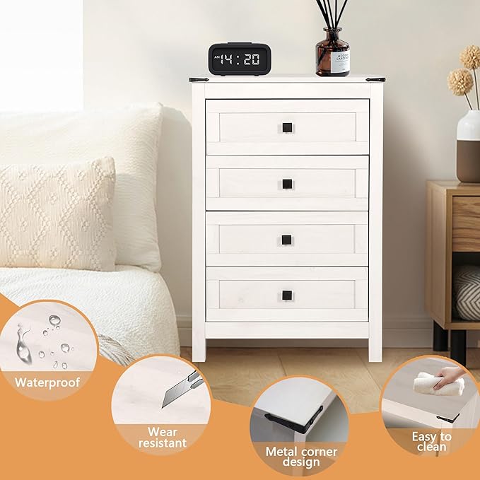 Farmhouse 4 Drawer Dresser for Bedroom, 24" Wide Wood Dresser with Metal Handle for Bed Room, Hallway, Light Beige Rustic Oak