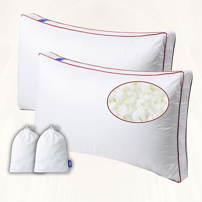 Adjustable Premium Memory Foam Pillow, King Set of 2-34x18 inches, 400 TC Organic Cotton Cover with Down Alternative Plush Padding, Designed for Stomach, Back, & Side Sleepers