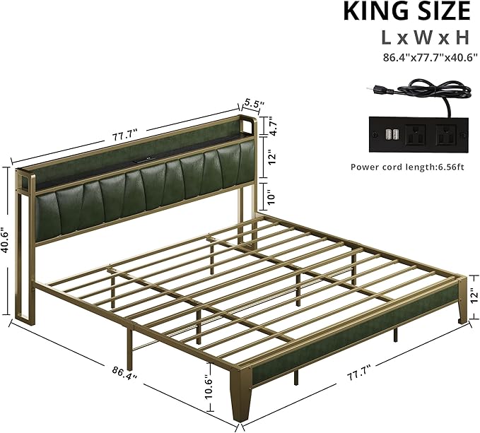 LIKIMIO King Bed Frame, Storage Headboard with Charging Station, Solid and Stable, Noise Free, No Box Spring Needed, Easy Assembly (Dark Green)