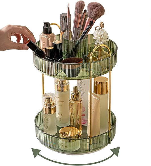 360 Rotating Makeup Organizer,2 Tier Large Capacity Make Up Organizers and Storage,Skincare Perfume Vanity Organizers,Bathroom Cosmetics Storage Organizer Countertop (Green)