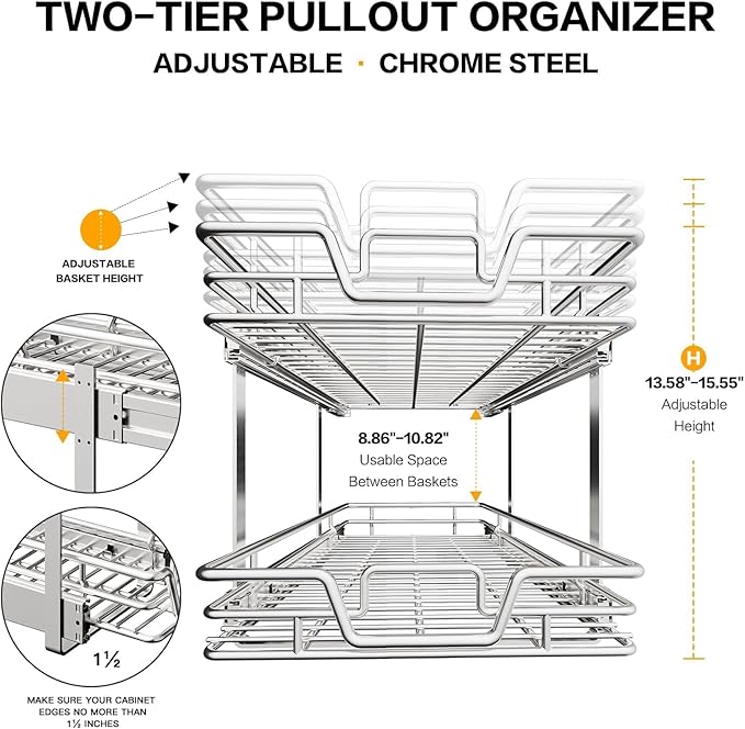 2-Tier Kitchen Cabinet Pull Out Shelf and Drawer Organizer Slide Out Pantry Storaqe Basket in Multiple Sizes (14" W x 21" D)
