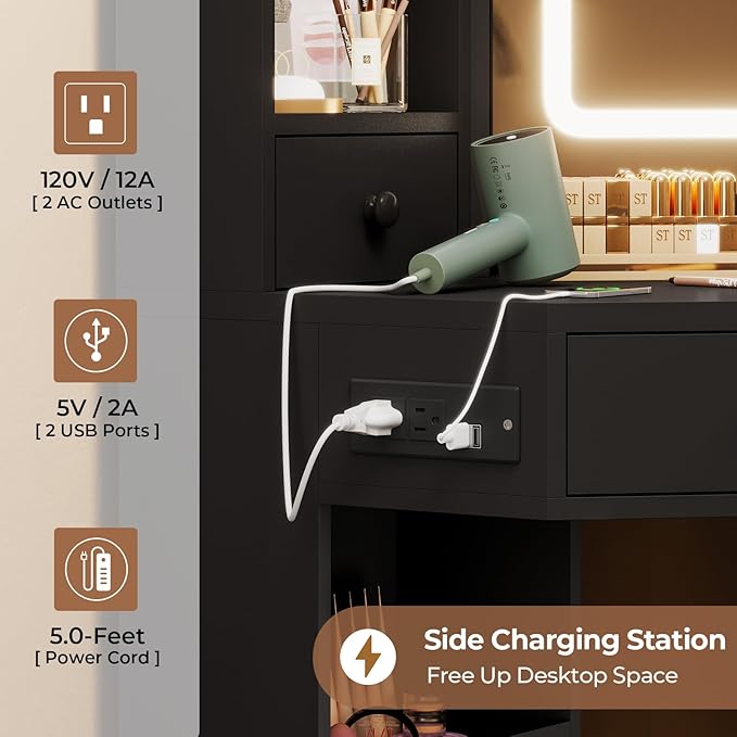 Vanity Desk with Mirror Lights, Storage Bench & Power Outlet, Corner Vanities with Rotating Cabinet & Drawers, 42.5" L Shaped Vanity Set, 3 Light Settings, for Women Girls, Modern Black