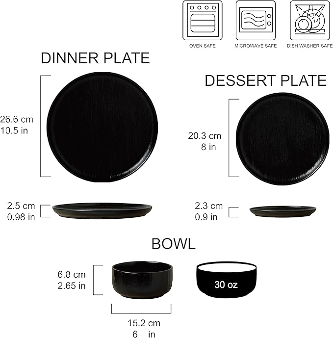 “Ari" 12-piece Stoneware Dinnerware Set with Protective Glaze Finish, Service for 4, Matt Black