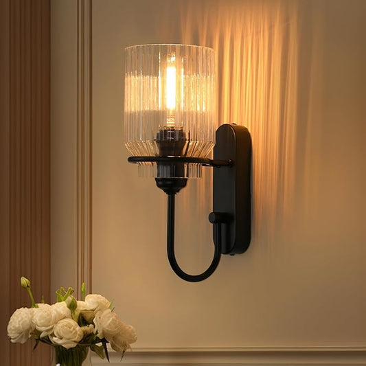Bathroom Wall Sconce, Black Vanity Light Fixture, Indoor Modern Wall Lamp with Clear Glass Shade Farmhouse Sconce for Living Rooms, Bedrooms, Stairwell and Hallway