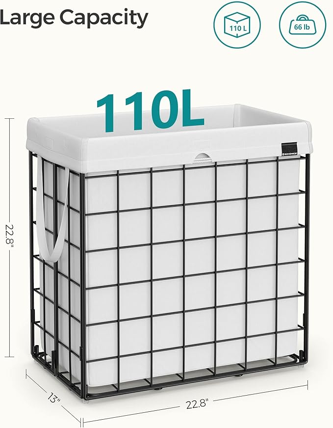 SONGMICS Laundry Hamper, 29 Gal. (110L) Laundry Basket, Collapsible Clothes Hamper, Removable and Washable Liner, Metal Wire Frame, for Bedroom Bathroom, Cream White ULCB111W01