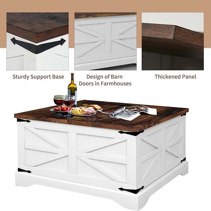 oneinmil Farmhouse Coffee Table with Storage Organizer, Square Coffee Tables with Large Storage Space, Center Table for Living Room, Bedroom, Home Office, White