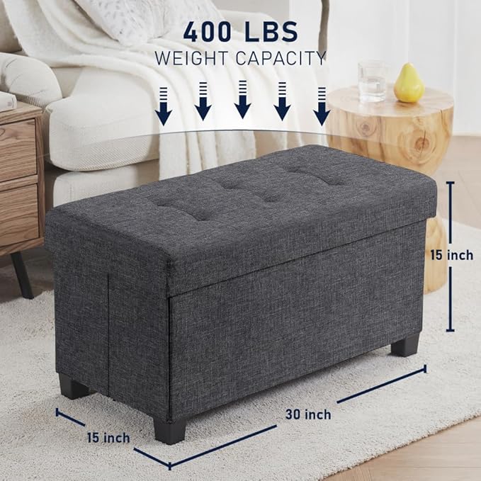 Ornavo Home 30 Inch Storage Ottoman, Large Storage Bench, Ottoman with Storage with Legs, Foot Rest Stool, Bedroom Bench - Dark Gray