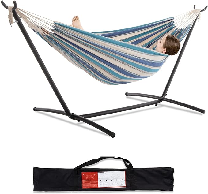 PNAEUT Double Hammocks with Stand for Outside, Portable Space Saving Heavy-Duty Steel Stand for Indoor Outdoor Patio with Carrying Bag, 450 lbs Capacity (Lightblue)