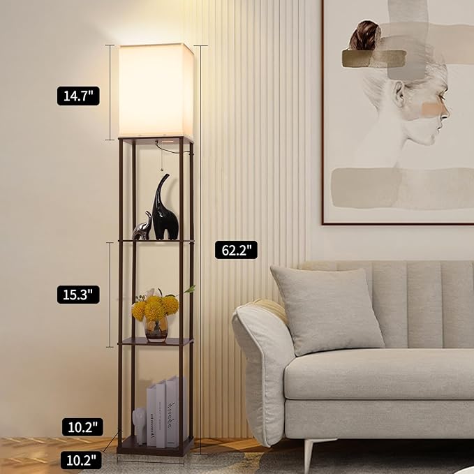 Floor Lamp with Shelves, Modern Square Standing Lamp with 3-Color Remote Control Dimming Bulb, Corner Display Bookshelf Lamp for Living Room, Bedroom and Office (brown-9YK)