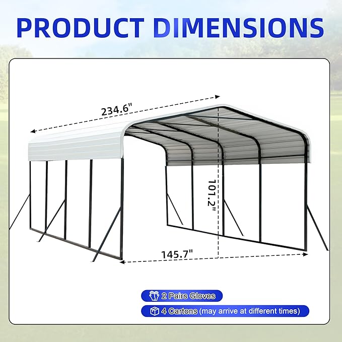 12x20 Metal Carport with Base Fixings Heavy Duty Garage Outdoor Chrome Plated Frame and Sheet Metal Construction Suitable for Boats, Cars, Tractors and Agricultural Equipment, White