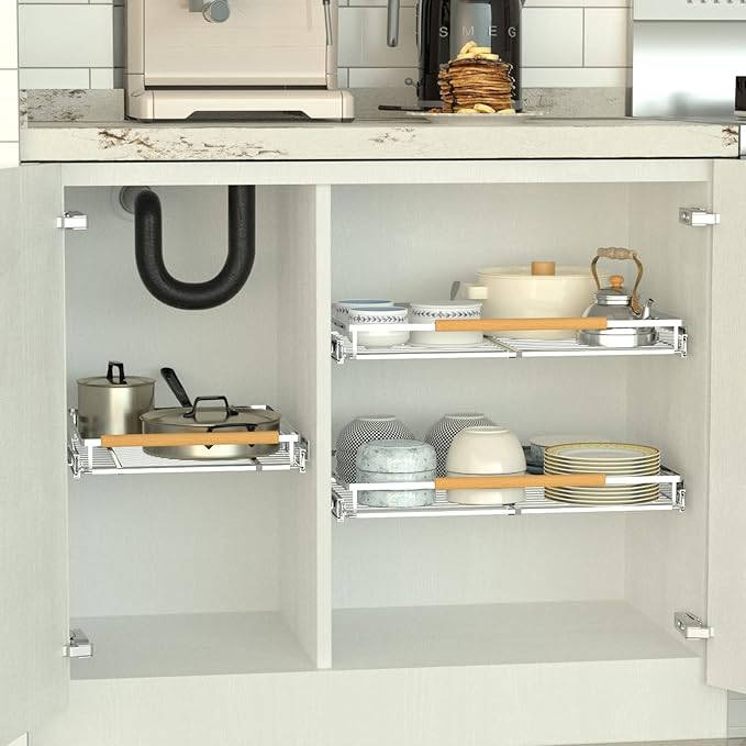 Pull Out Cabinet Organizers,Expandable Cabinet Wire Shelf,Slide Out Kitchen Drawers,D:17” x W:16”-26”,2 Packs of Stainless Steel Gliding Cupboard Shelves for Home Kitchen Pantry Cupboard Pots Pans
