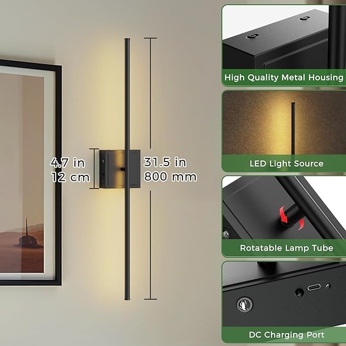 DORESshop Battery Operated Wall Sconces Set of Two with Remote Control, Rechargeable Wall Sconce, 350°Rotate Dimmable Wireless Wall Sconce for Living Room, Hallway, Bedroom, 31.6 Inch, Black(2 Pack)