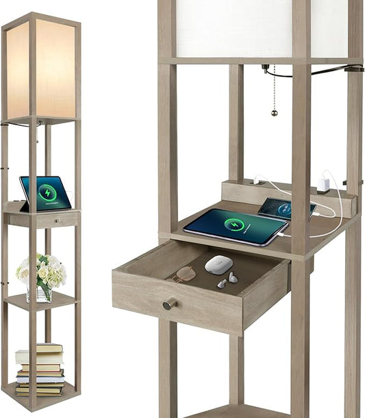 OUTON Deluxe Shelf Floor Lamp with 1 Drawer, 2 USB-C Ports, 2 AC Outlets, LED Modern Floor Lamp with 3 Color Temperature, Storage Display Wood Standing Lamp for Living Room, Bedroom, Office (Grey)