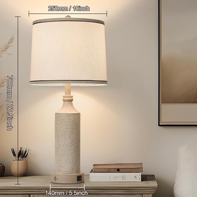 AIDENOEY 27.5" H 3-Way Dimmable Touch Control Table Lamp with USB A+C Ports, Vintage Washed White Finish Resin Bedside Farmhouse Table Lamp Set of 2，for Living Room，Bedroom，Office