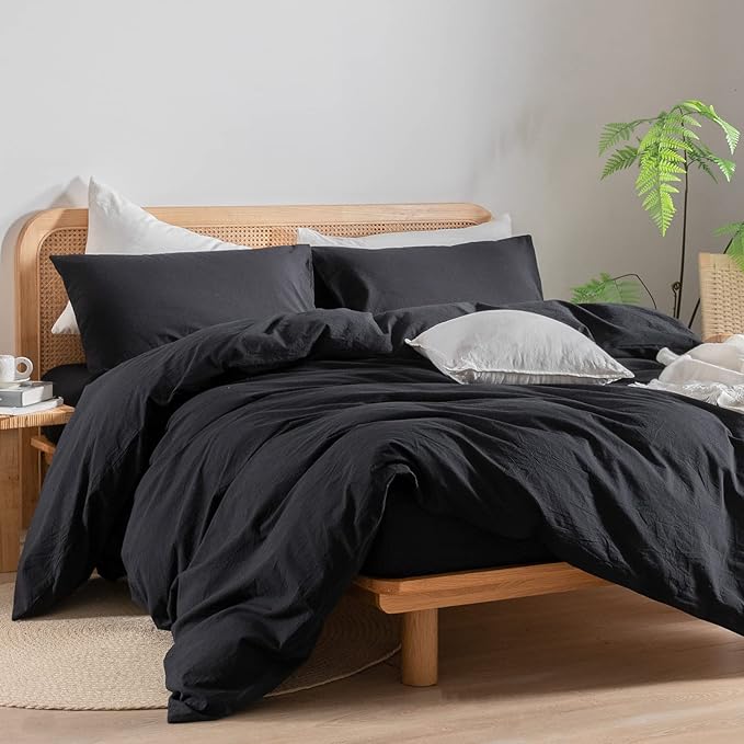 BESTOUCH Duvet Cover Set 100% Washed Cotton Linen Feel Super Soft Comfortable Chic Lightweight 3 PCs Home Bedding Set Solid Deep Black Oversized Queen