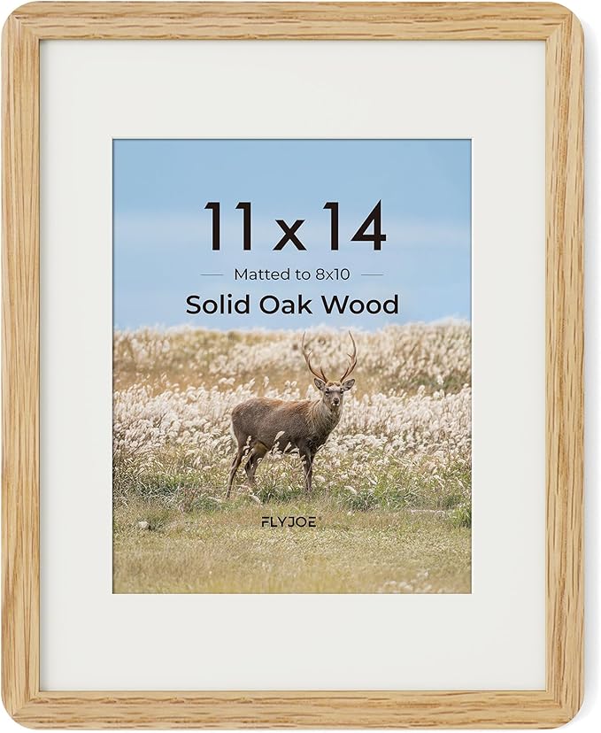 11x14 Picture Frame - Solid Oak Wood 11x14 Picture Frame With Mat For 8x10, 11''x14'' Poster Frame, Plexiglas and Hanging Hardware Included, 11 By 14 Poster Frame Wood, Natural Oak
