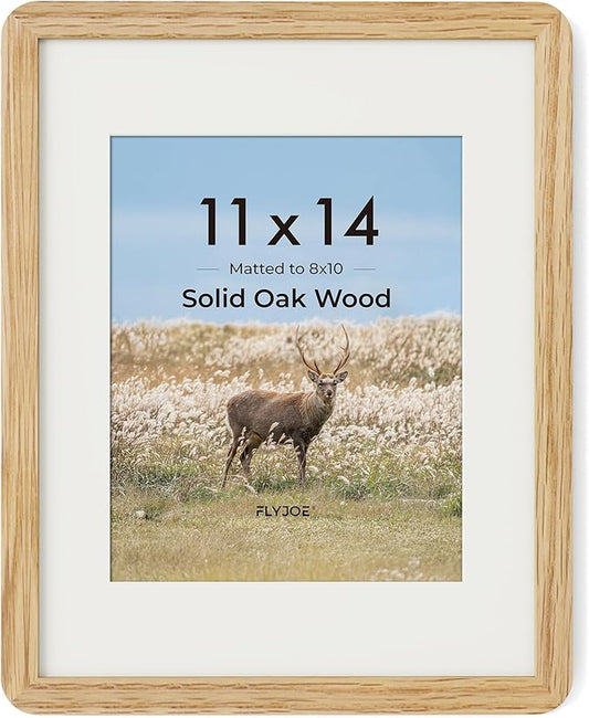 11x14 Picture Frame - Solid Oak Wood 11x14 Picture Frame With Mat For 8x10, 11''x14'' Poster Frame, Plexiglas and Hanging Hardware Included, 11 By 14 Poster Frame Wood, Natural Oak
