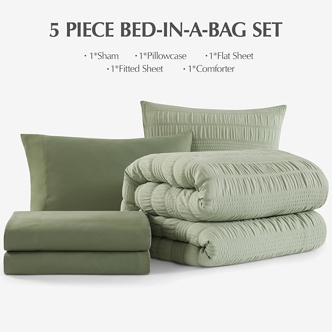 CASAAGUSTO Twin XL Comforter Set, 5 Pieces Sage Green Seersucker Bed in a Bag Twin Soft All Seasons, Bedding Sets with Comforter, Flat Sheet, Fitted Sheet, 1 Pillow Sham, 1 Pillowcase