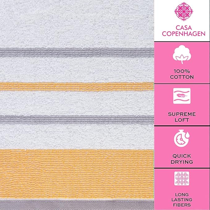 CASA COPENHAGEN White Bay, 6 Pieces Towel Set- White with Gold and Grey Border, 600 GSM, 2Bath, 2Hand, 2Washcloths Egyptian Cotton Towel for Hotel Spa Kitchen Bathroom Kitchen & Shower