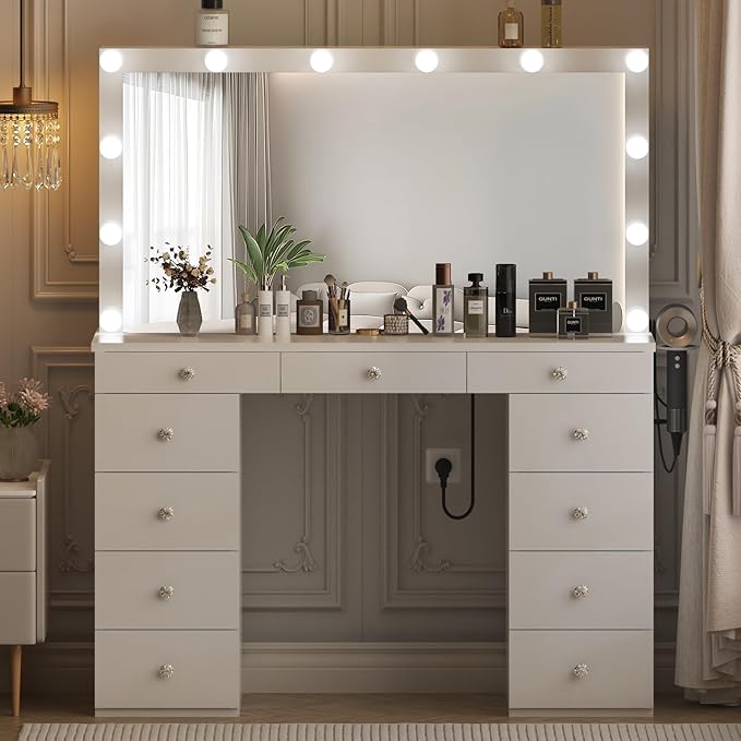 Likein Vanity Desk with Mirror and Lights, White Vanity with Jewelry Storage Cabinet, Makeup Dressing Table with 11 Drawers, Charging Station, Crystal Knobs, 3 Color Lighting Modes for Women, Girls