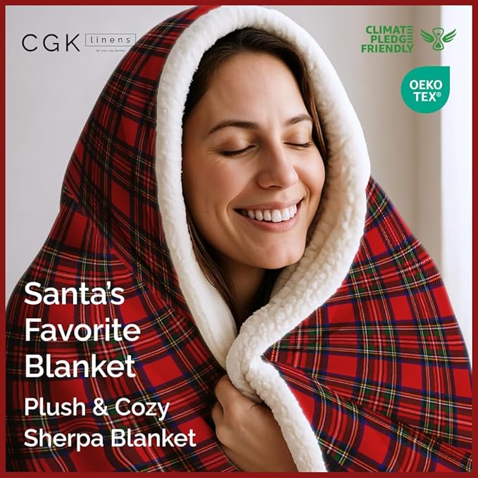 Christmas Sherpa Blanket Throw Size - Reversible Sherpa Fleece Blanket - Super Soft Double Sided Throw for Bed, Sofa, Couch - Thick, Warm, Cozy & Plush - Xmas Winter Bedding - Christmas Tartan, 50x60