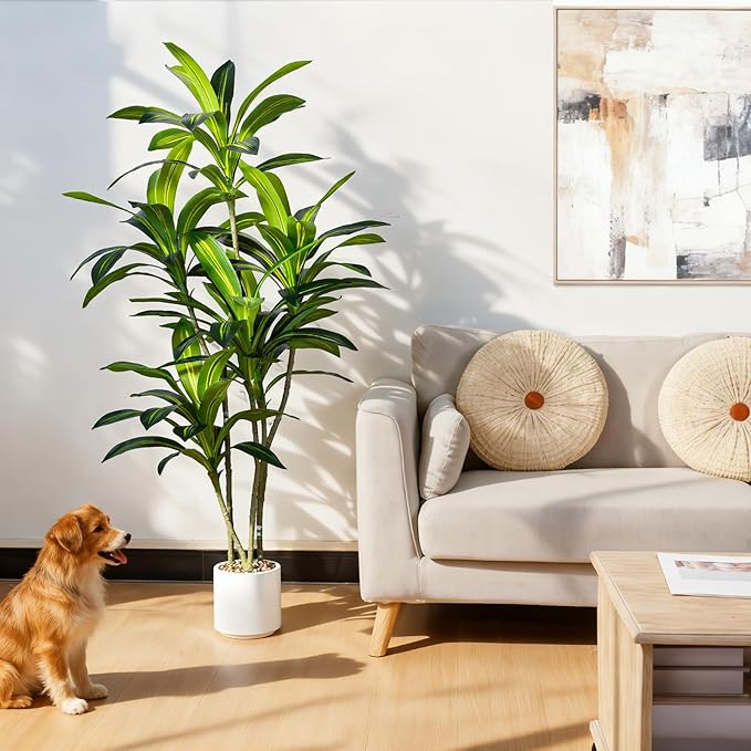 Artificial Dracaena Tree 5FT Tall, Realistic Faux Indoor Floor Plant for Home & Office Decor, White Round Planter with Decorative Stones – UPBUD
