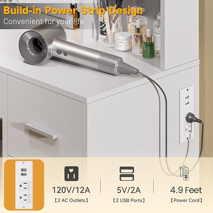 Makeup Vanity Desk with Mirror,10 Lights and Power Strip,Large Makeup Vanity with Shelves and 7 Drawers, Vanity Desk Dressing Table with 3 Color Adjustable Light,Vanity Table (White)