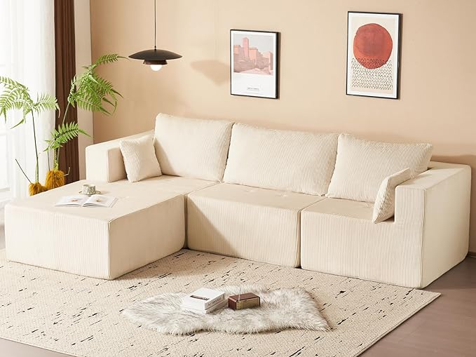 105" Cloud Sectional Sofa, L-Shape Sectional Couch, Modern Corduroy Sofa with Chaise Lounge, No-Assembly Required, Deep Seat Modular Cloud Couch for Living Room, Apartment, Beige