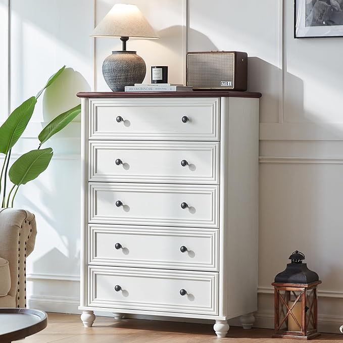 Farmhouse Dresser for Bedroom Set of 2, 5 Drawers Wood 45" Tall Chest of Drawers, Dresser Rustic Storage Dressers Organizer with Metal Handle Closet for Living Room, Hallway Entryway