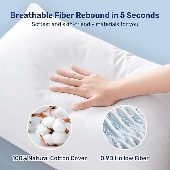 UNIKOME Ultra Soft Pillows Standard Size Set of 2 - Hotel Collection Luxury 100% Cotton Cover Down Alternative Bed Pillow, Fluffy Pillows for Back, Stomach or Side Sleepers