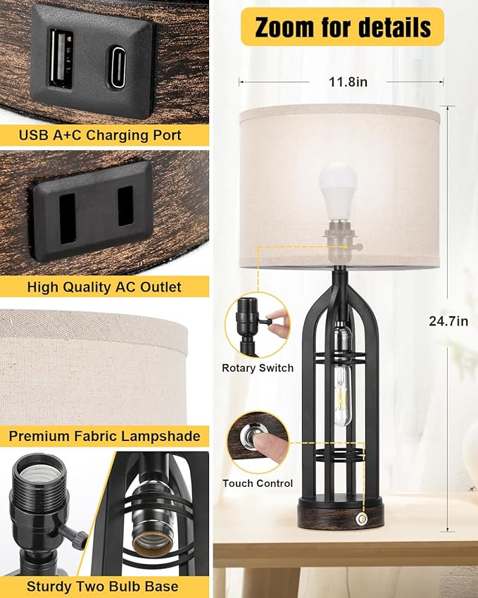 Seealle Table Lamps for Living Room Set of 2 - Black Bedside Lamp for Bedroom with USB C+A & Outlet, Farmhouse Lamps for Night Stands, 3-Way Dimmable Touch Lamps for Living Room with Oat Shade