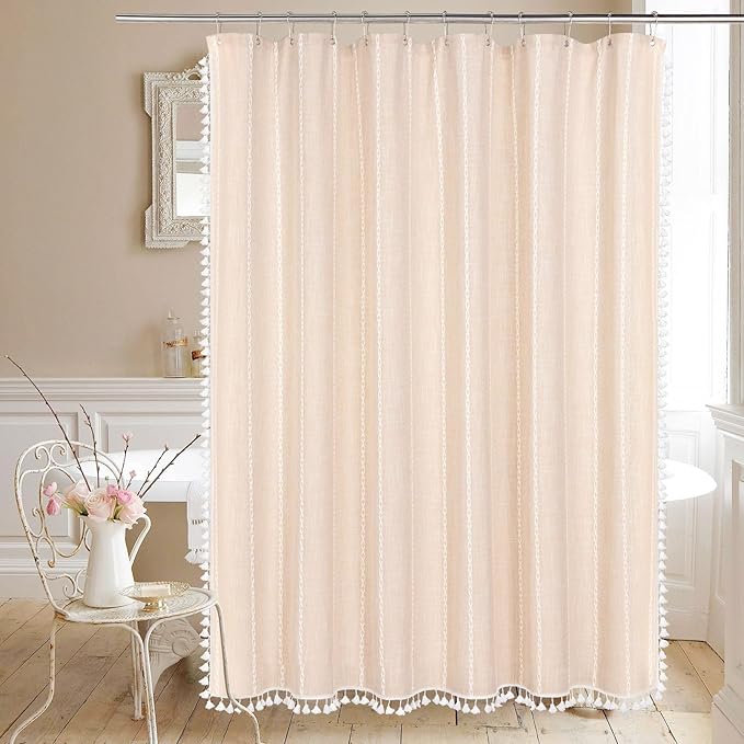 MitoVilla Beige Boho Farmhouse Shower Curtain, Cream Modern Cotton Linen Fabric Shower Curtains for French Country Bathroom Decor, Retro Tassel Thick Cloth Shower Curtain, 72 x 72